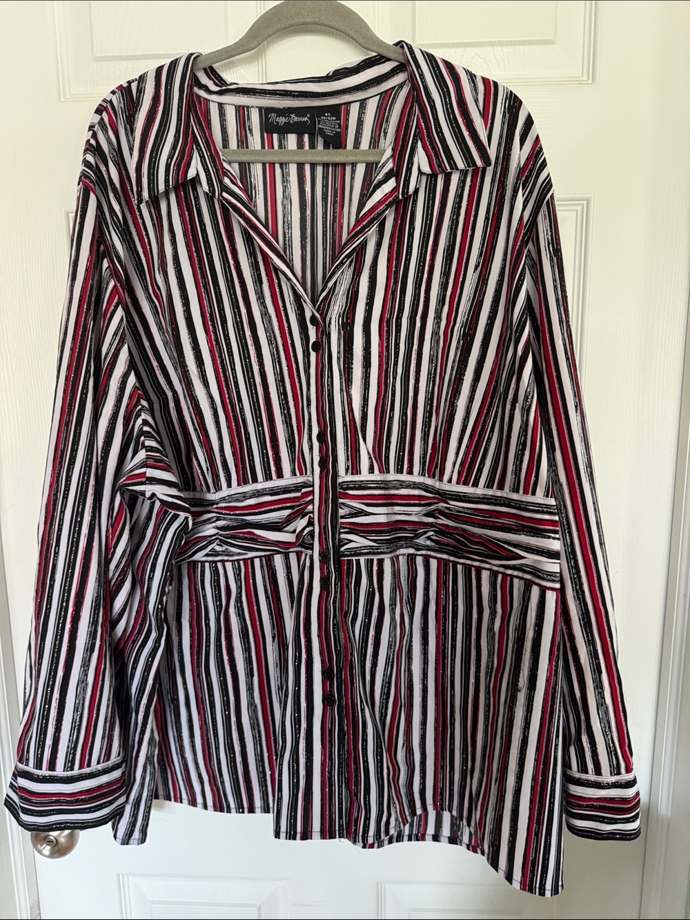 Maggie Barnes Black, White & Red Striped Button-Down Shirt Jacket